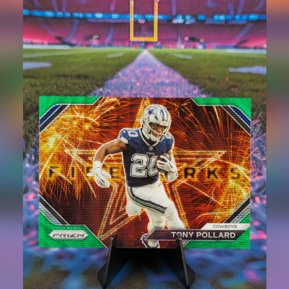 2023 Panini Prizm Tony Pollard Fireworks Green Wave #F-15 - Dallas Cowboys